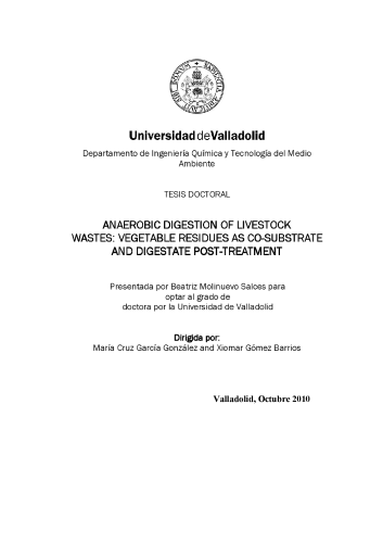 ANAEROBIC DIGESTION OF LIVESTOCK WASTES. VEGETABLE RESIDUES AS CO-SUBSTRATE AND DIGESTATE POST-TREATMENT